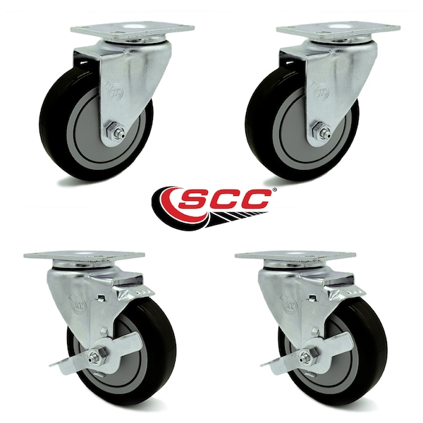 4 Inch Black Polyurethane Wheel Swivel Top Plate Caster Set with 2 Brakes SCC